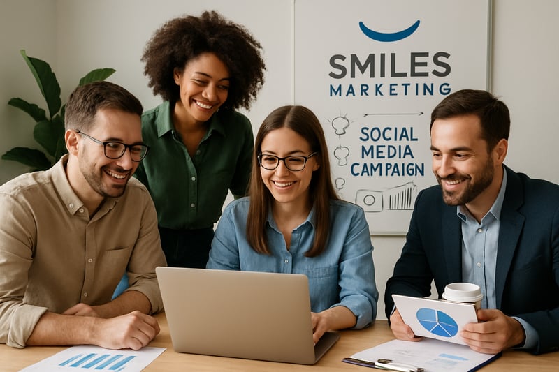 Team of digital marketing experts at Smiles Marketing collaborating on a social media campaign Team of digital marketing experts at Smiles Marketing collaborating on a social media campaign
